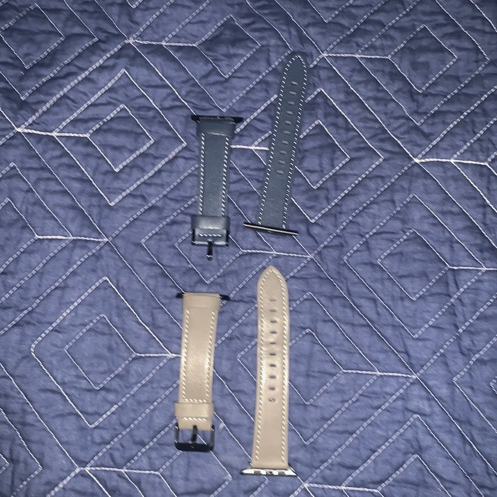 Pair of Apple Watch bands - blue and gray leather - 42mm - 48mm